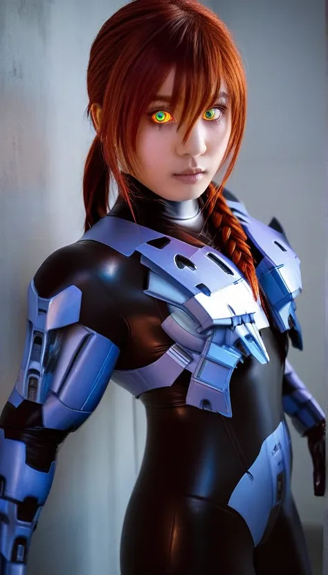 1 girl、((glowing eyes, red eyes)), medium bust、solo、red hair、braid、mobile race suit、shoulder armor、ceiling、wide shot、looking ahe...