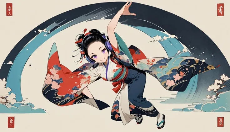 whole body, dance, Purple Eyes, Ink Painting, 1 girl, tattoo, Japanese style headphones, beautiful girl, Black Hair, smile, Delicate and precise, Modern ukiyo-e style, Multicolored background