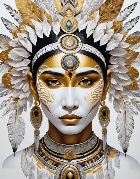 Face with indigenous paintings in white colors, flourishing, gold and silver