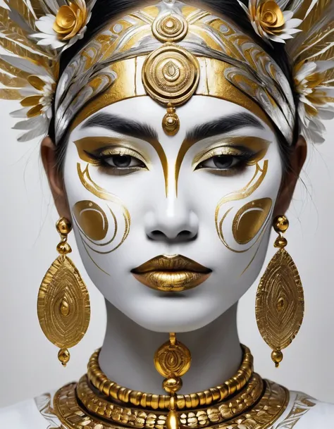 Face with indigenous paintings in white colors, flourishing, gold and silver