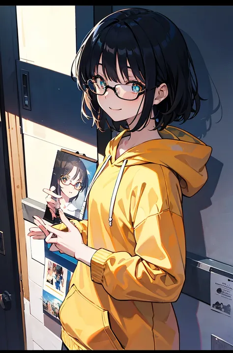 A masterpiece，Black hair，Ball head，Side face，Messy hair，Smile slyly，Orange pupils，Font，poster，jump，，Hair Bunch，Black shallow frame glasses，Black Hoodie，Dress fashionably，Standing picture，laid back，best quality, Illustration style，Large aperture portrait， A...