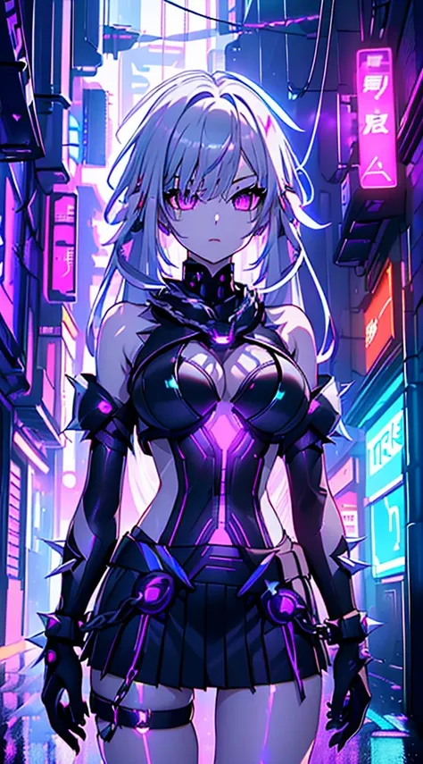 top-quality、top image quality、​masterpiece、android girl((sixteen years old 、broken, skinny , cybersuit glowing black, red and wh...