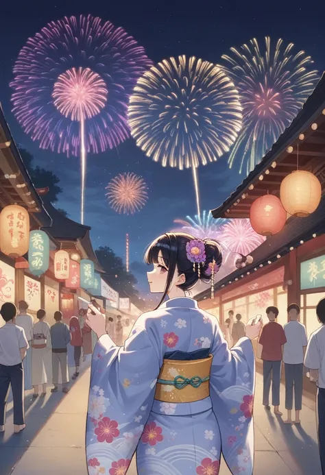 anime girl in kimono outfit with fireworks in background, summer festival night, inspired by Matsuno Chikanobu, in a kimono, [ fireworks in the sky ]!!, japanese animation style, fireworks in the background, wearing a colorful yukata, inspired by Hanabusa ...