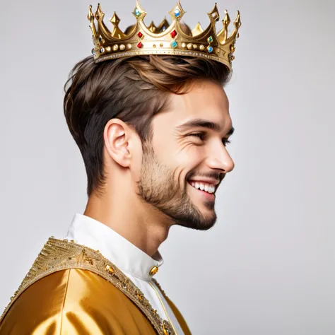 Side view portrait of assertive handsome young  men wearing a golden crown, profile face, being self-confident, smile on her face. Indoor studio shot isolated on white background.