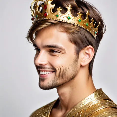 Side view portrait of assertive handsome young  men wearing a golden crown, profile face, being self-confident, smile on her face. Indoor studio shot isolated on white background.