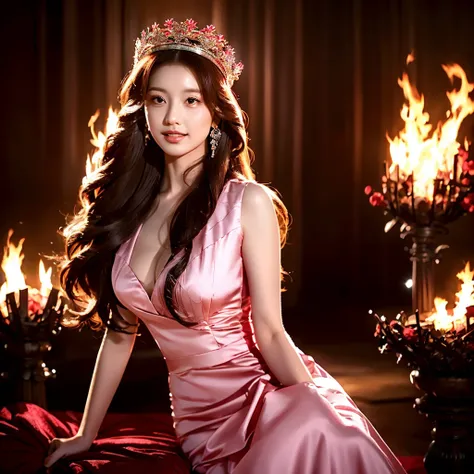 The beautiful Chinese 22 old lady with stunning longest hair crown windblown. Dressed in pink-white-red luxury queen Dress, long legs holding a magical fire element while sit on the throne in the flame castle with blizzard firestorm view, Surrounded by kin...