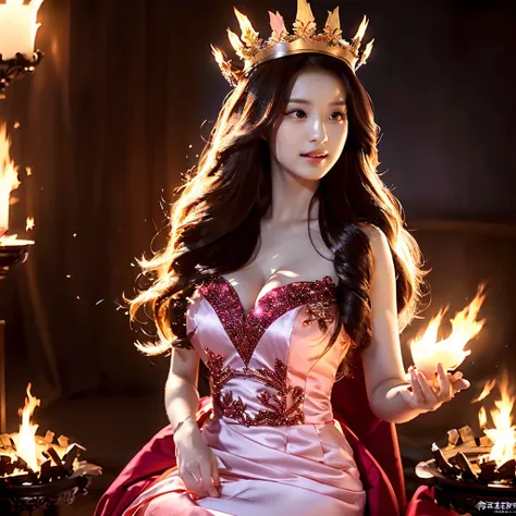 The beautiful Chinese 22 old lady with stunning longest hair crown windblown. Dressed in pink-white-red luxury queen Dress, long legs holding a magical fire element while sit on the throne in the flame castle with blizzard firestorm view, Surrounded by kin...