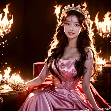 The beautiful Chinese 22 old lady with stunning longest hair crown windblown. Dressed in pink-white-red luxury queen Dress, long legs holding a magical fire element while sit on the throne in the flame castle with blizzard firestorm view, Surrounded by kin...