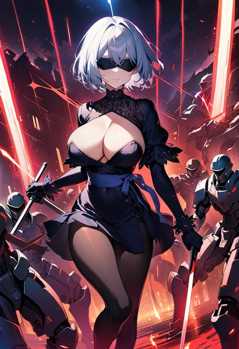 2B Nier Automata,masterpiece, 最high quality, High resolution,  Black torn clothes 、Black Pantyhose、Dark church at night、sexy、Wear a miniskirt、Thin legs、Big Breasts、Slim figure、high quality　CG Tone、Gray Hair、Black blindfold、Short Bob、Surrounded by mechanica...