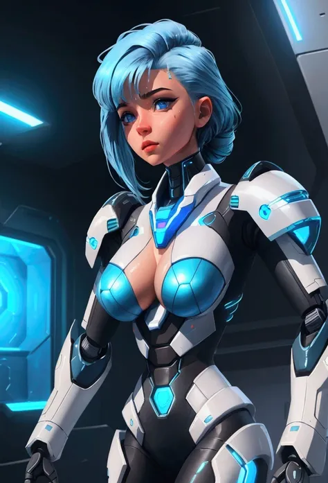 Xenosaga kosmos, beautiful female android,  robotic swimming suite,  shining blue hair,  blue eyes,  big breast, realistic skin, cinematic background,  futuristic cyber city background 