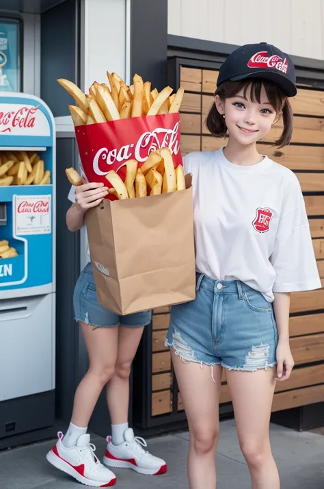 How about creating a fun and unique mascot to represent Potato Square?. Imagine a smiling character, with bright blue eyes, wearing a hat written "Well Fried Potatoes". He wears Coca-Cola sneakers, is wearing a white blouse and shorts, both with french fri...