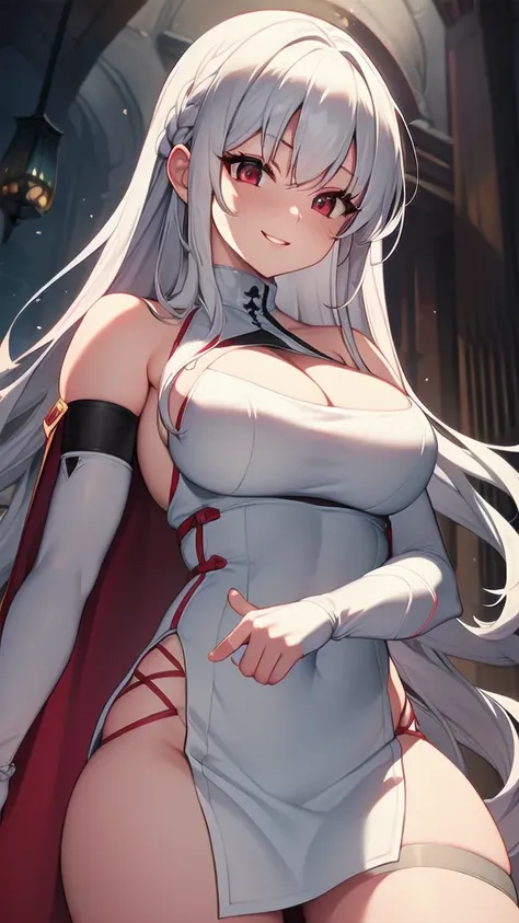 (masterpiece, best quality, ultra-detailed, best shadow), solo girl, white hair, red eyes, long hair, medium breasts, sexy body and face, wavy hair, smile, parted lips, red lips, circlet, skirt, bridal gauntlets, jewelry, cape, bare shoulders, sandals, sle...