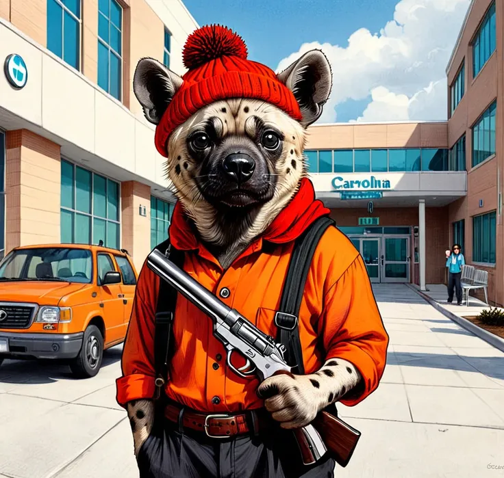 White Hyena, two Circle Eye, small black Pupil, pug mouth, Black beanie, red scarf, shirt, orange shirt, collared shirt, buttons, pants, holding Gun, Outside Hospital at Carolina 