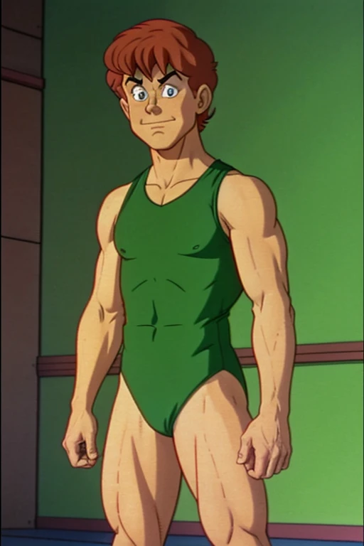 a redhead cartoon character dressed in a green leotard, very muscular, a young male wizard, 1980s cartoon, animated episode still, Presto (((mad)))