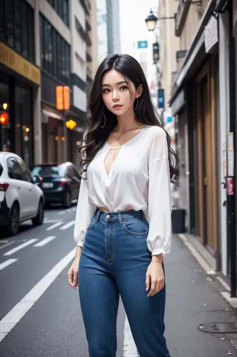 Woman, Asian, brunette Clara, blue-eyed , skin fair , long  curly hair, Bblack hair, standing in the street, city full of buildings, asphalt, the night, white blouse, denim sports pants, toned legs,  Woman olhos puchados estilo Asian, skin fair, biquinho m...