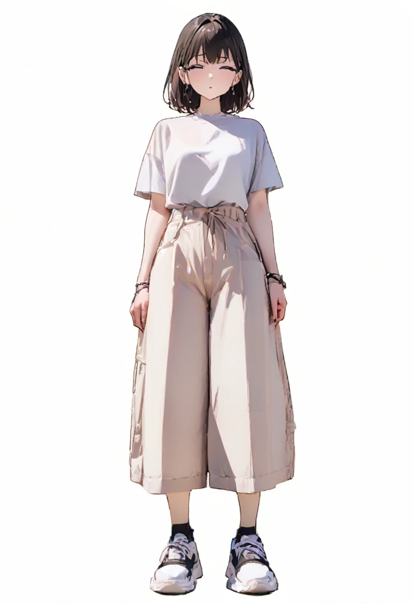 (Masterpiece, Best picture quality: 1.2, 8K), centered, full body, one girl, summer fashion, wide pants, simple sneakers, simple background, open eyes