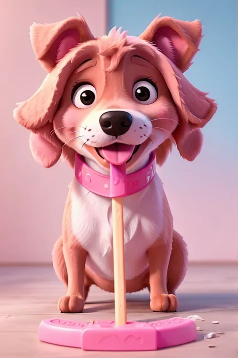 dog licking a pink popsicle