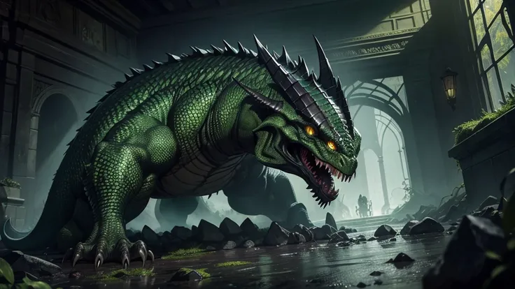 The basilisk of the world of Harry Potter emerges from the shadows of the underground chambers, a creature of unspeakable terror and lethal power. Its body is incredibly long and sinuous, covered in dark green scales that shine with an oily, sinister sheen...