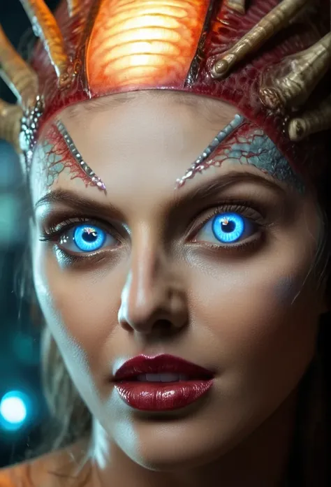 Detailed art in alluring and frightening hues, presenting a beautiful and obscene female alien with a captivating allure. (Vulgarity:1.7), her eyes radiating no pupils yet exuding an evil seductive gaze. (Transparent skin:1.7) grants an uncensored view of ...