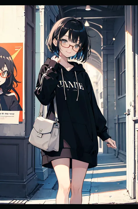 A masterpiece，Black hair，Messy hair，Side face，Messy hair，Smile slyly，Orange pupils，Font，poster，jump，，Hair Bunch，Black shallow frame glasses，Black Hoodie，Dress fashionably，Standing picture，laid back，best quality, Illustration style，Large aperture portrait， ...