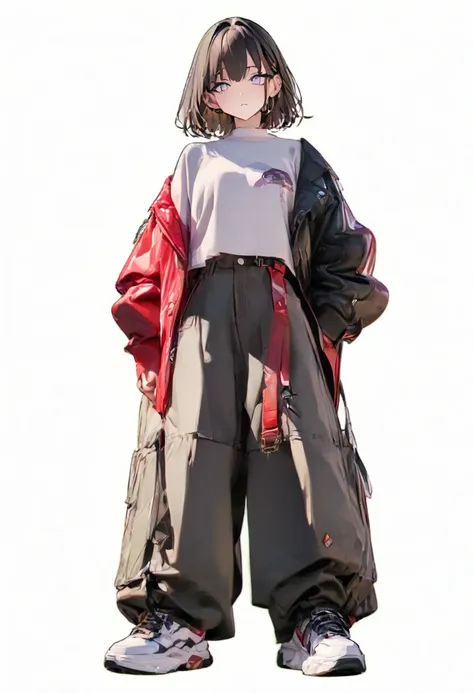 (masterpiece, best quality: 1.2, 8k), centered, full length, one girl, cool fashion, wide pants, simple sneakers, simple backgro...