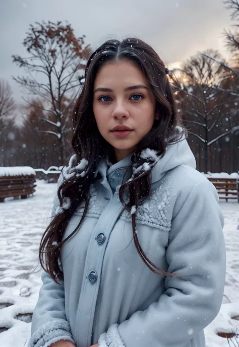 a young latina woman, long dark wavy hair, light blue eyes, winter outfit, snowy landscape, detailed face, detailed eyes, detailed lips, photorealistic, 8k, highly detailed, cinematic lighting, dramatic lighting, muted colors, realistic snow, detailed wint...