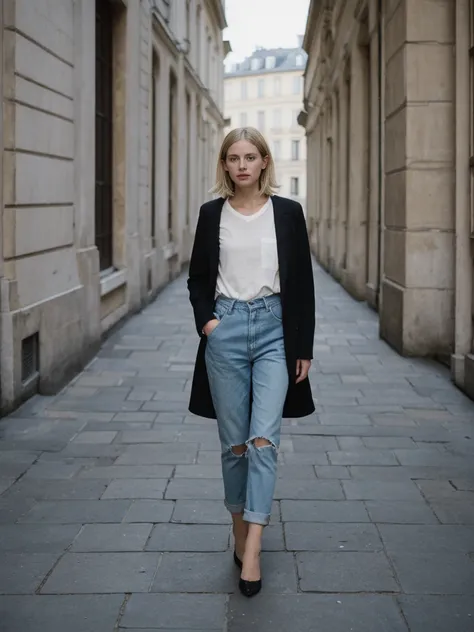 her name is Amelie, high quality, 1girl, ((25-year-old fit Caucasian woman)), ((25 years old)), ((SLIM)), ((French Bob BLONDE HAIR)), pose: standing, wearing Exclusive Fashion-forward Generation-Z modern wear different colored, BACKGROUND:"Grew up in the c...