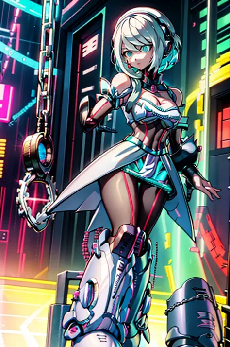 android girl,white hair,short and messy hair, purple neon eyes, holding a chain whip,chains on the hands,chains action, chains a...