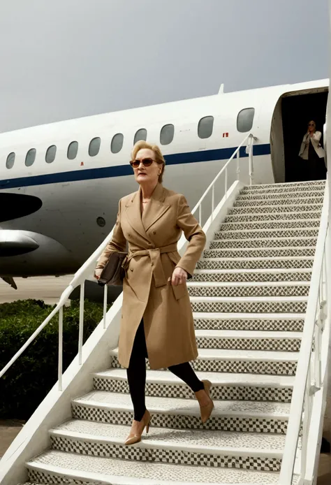 A woman meryl streep descends a staircase, holding her heels in her hand, while a plane waits on the runway. The woman, dressed in a tan coat and sunglasses, appears to be in mid-stride, carrying her heels as she steps down the white staircase. The plane, ...