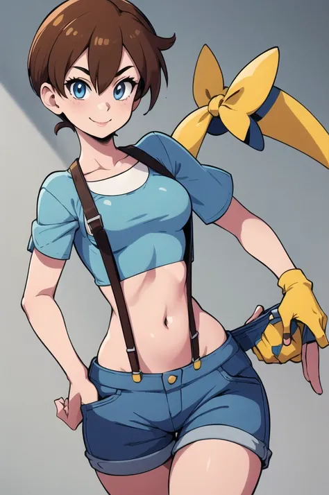 ((masterpiece,best quality)), absurdres, Misty_Pokemon, small breasts, blue eyes, yellow crop top, suspenders, solo, smiling, looking at viewer, cowboy shot, cinematic composition, dynamic pose