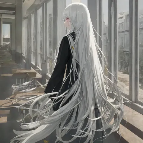 a girl with long white hair in the school