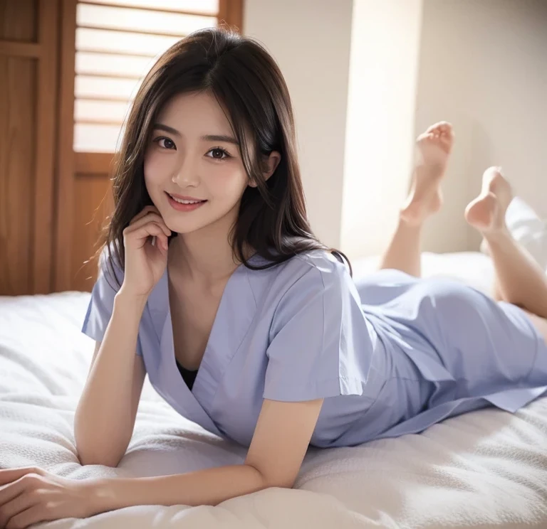  (full body shot), 1girl, (heart hands), smiling beautiful Japanese female nurse wearing fitted nurse dress, beautiful detailed face, Japanese woman, laying on stomach, black hair, pale skin, realistic skin, detailed cloth texture, detailed hair texture, P...