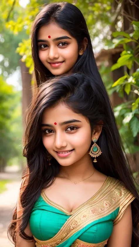 beautiful cute young attractive indian teenage girl, village girl, 18 years old, cute, Instagram model, long black_hair, colorful hair, indian, huge big breasts, little smiling, smooth face very realistic