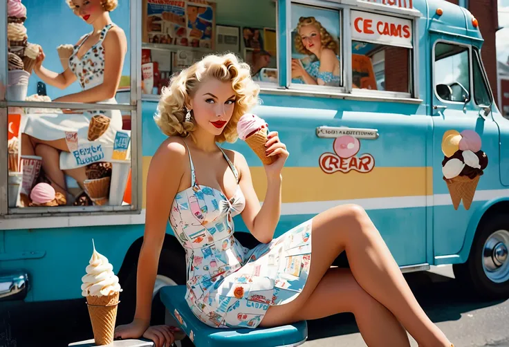 Dutch Angle. Closeup photo of a blonde woman, wavy permed hair, wearing mini dress, sitting astride, beside an ice cream truck. Style by Norman Rockwell. Canon 5d Mark 4, Kodak Ektar, 35mm 