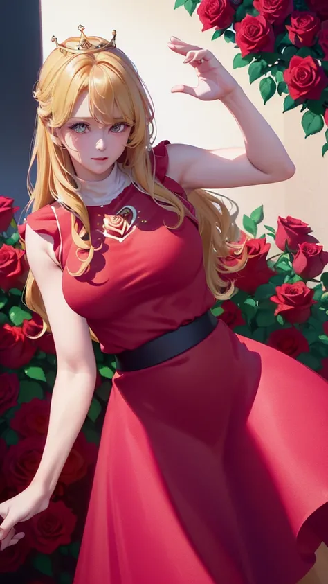 (Best image quality, masterpiece:1.2), (Ultra high definition illustration), (Very beautiful mature queen, 45yo:1.3), rpgroyal, (Gorgeous sleeveless queen red dress with roses:1.3), (Underarm), Blonde Wavy Hair, Embarrassing, Are crying,