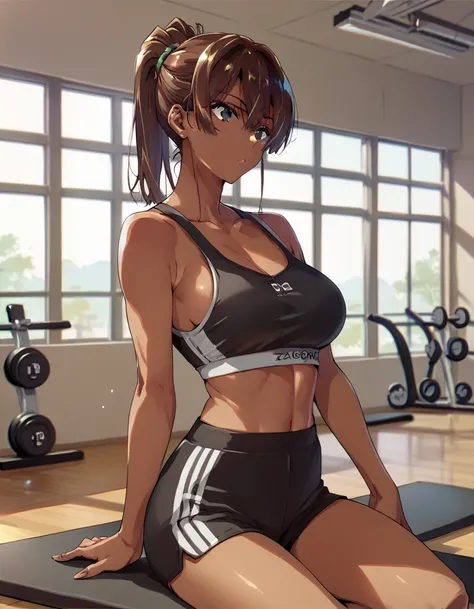 human, ((1girls)), 18 years old, beautiful, ponytail, brown hair, black eyes, black Yoga very short outfit, Z cup breasts, ((brown skin)), fair body, 1m78, deserted, ((Takeda Hiromitsu style)), room gym, Hold the phone right, call,