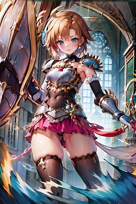 armor, showgirl skirt, thighhighs, dare thighs, short hair, pink hair, blue eyes, 