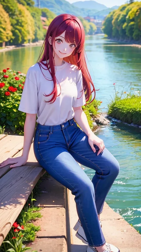 Digital Art, (girl, red_hair, Flowers, Baggy jeans, White shirt, A modest smile, Cute appearance), (Sit on a bench, River in the background, Golden Hour),, Written by ダニイル・スポニツキーjpegman