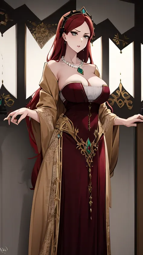 Hilda, 1girl, large_breasts, jewelry, red_hair, solo, long_hair, necklace, cleavage, grey_eyes, dress, standing,