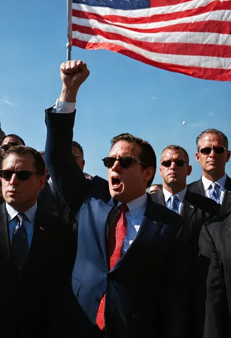 During a heated political rally, a key figure with a noticeable facial injury stands resolutely with a raised fist. The surrounding security team, clad in sharp suits and sunglasses, rushes to provide protection. An American flag prominently waves in the b...