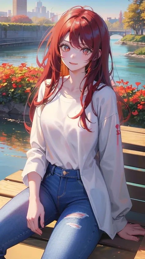 Digital Art, (girl, red_hair, Flowers, Baggy jeans, White shirt, A modest smile, Cute appearance), (Sit on a bench, River in the background, Golden Hour),, Written by ダニイル・スポニツキーjpegman