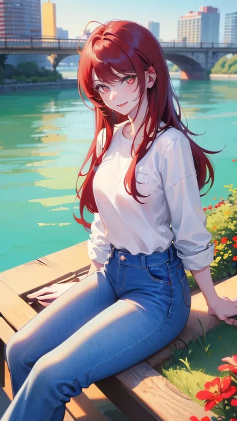 Digital Art, (girl, red_hair, Flowers, Baggy jeans, White shirt, A modest smile, Cute appearance), (Sit on a bench, River in the background, Golden Hour),, Written by ダニイル・スポニツキーjpegman