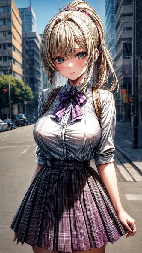 1 Girl,masterpiece,best quality,Blonde Hair,(Ponytail),Green Eyes,(White),(Purple plaid skirt),Short skirt,permanent,full length,Large Breasts,White吊带，In front of the street,Extremely detailed,[[Practical]],beautiful alluring anime teen girl,Attractive ani...