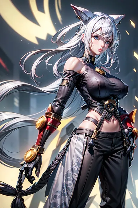 qi_aov_new, 1girl, solo, grey eyes, grey hair, bangs, long hair, hair ornament, breasts, large breasts, looking at viewer, blue eyes, white background, animal ears, bare shoulders, standing, white hair, , pants, black pants, armor, lips, gauntlets, jewelry...