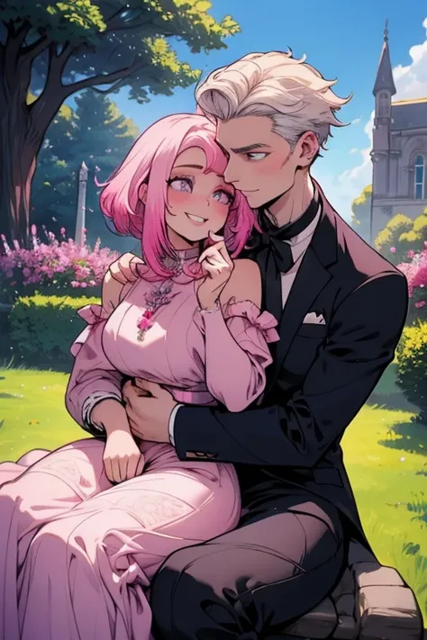 One man. One woman.Perfect faces. Perfect hands. A pink haired woman with violet eyes in a ballgown is on the lap of a young white haired man with ruby eyes in an ornate suit while kissing in the garden with a big smile