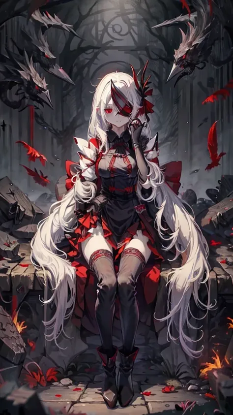 white hair　Red Eyes　Black clothes　sickleを持っている　boots　Eye mask　Kitchen disease　Cool　crow　sickle　dark　dark darkness　大sickle　grim Reaper　evil　Ponytail　long coat　boss　ラスboss　Red Moon　Blindfold