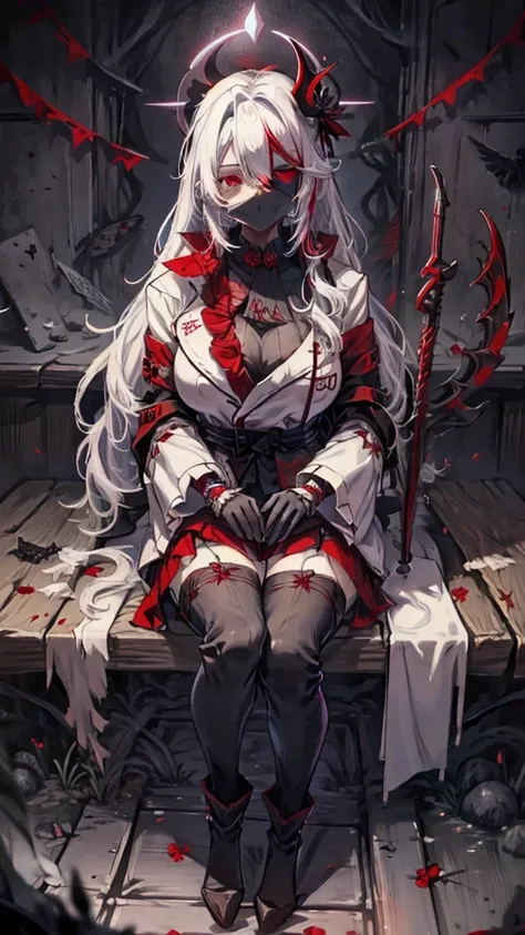 white hair　Red Eyes　Black clothes　sickleを持っている　boots　Eye mask　Kitchen disease　Cool　crow　sickle　dark　dark darkness　大sickle　grim Reaper　evil　Ponytail　long coat　boss　ラスboss　Red Moon　Blindfold