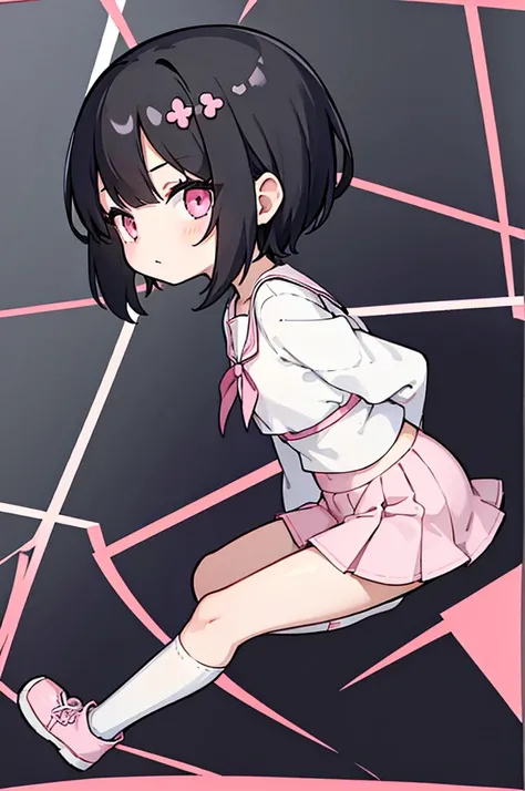 1girl, anime girl, black hair, short hair, short twintail, pink eyes, white outfit, short skirt, shoes, white sock, long sock, full body, blank background