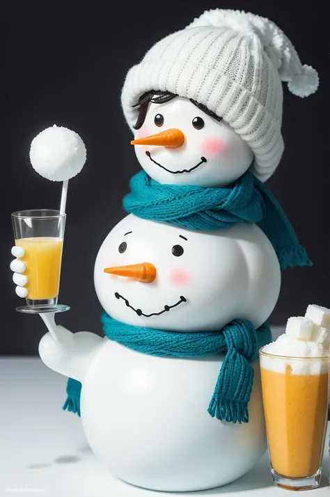 Draw a traditional snowman with three snowballs, coal eyes, a carrot nose and a smiling mouth made from small pieces of coal. The snowman is wearing a winter hat, scarf and gloves. He is holding a glass of sugarcane juice in his right hand. The cup is made...