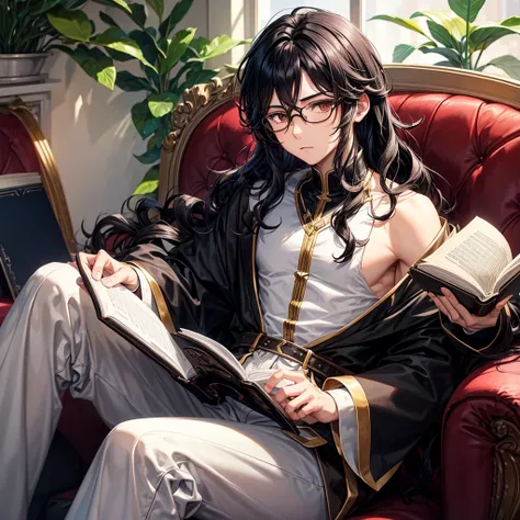 Black wavy hair anime style boy with shoulder length hair, dark brown almond eyes, white complexion and with black glasses sitting in an armchair and reading a book